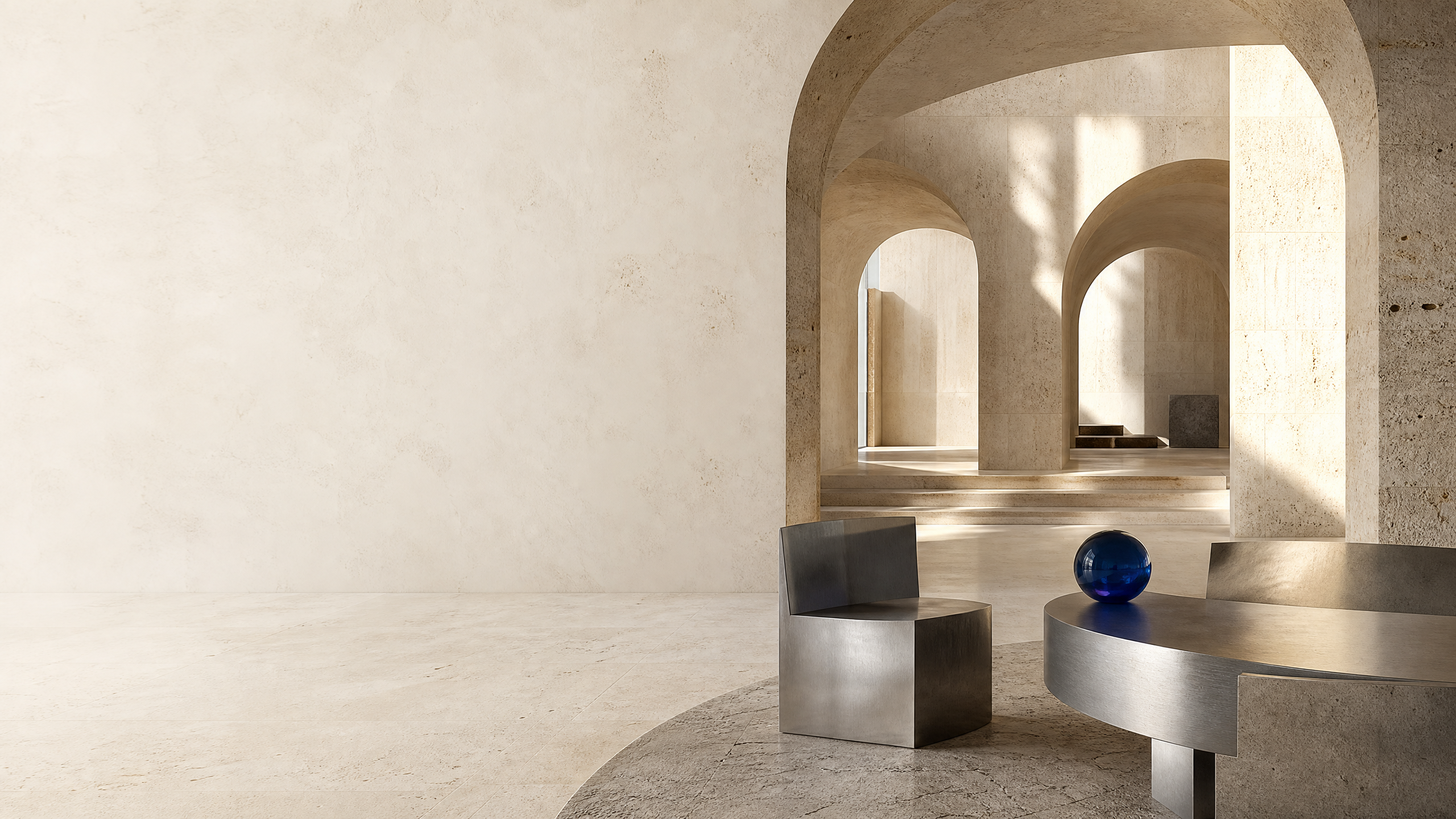 Sunlit travertine interior with cobalt glass detail
